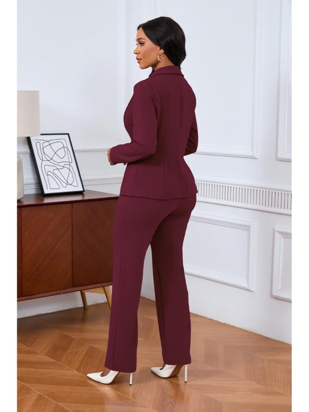 Women's Red 2 Piece Pant Suits Dressy Blazer Straight Leg Set Formal Outfits - Picture 5 of 6
